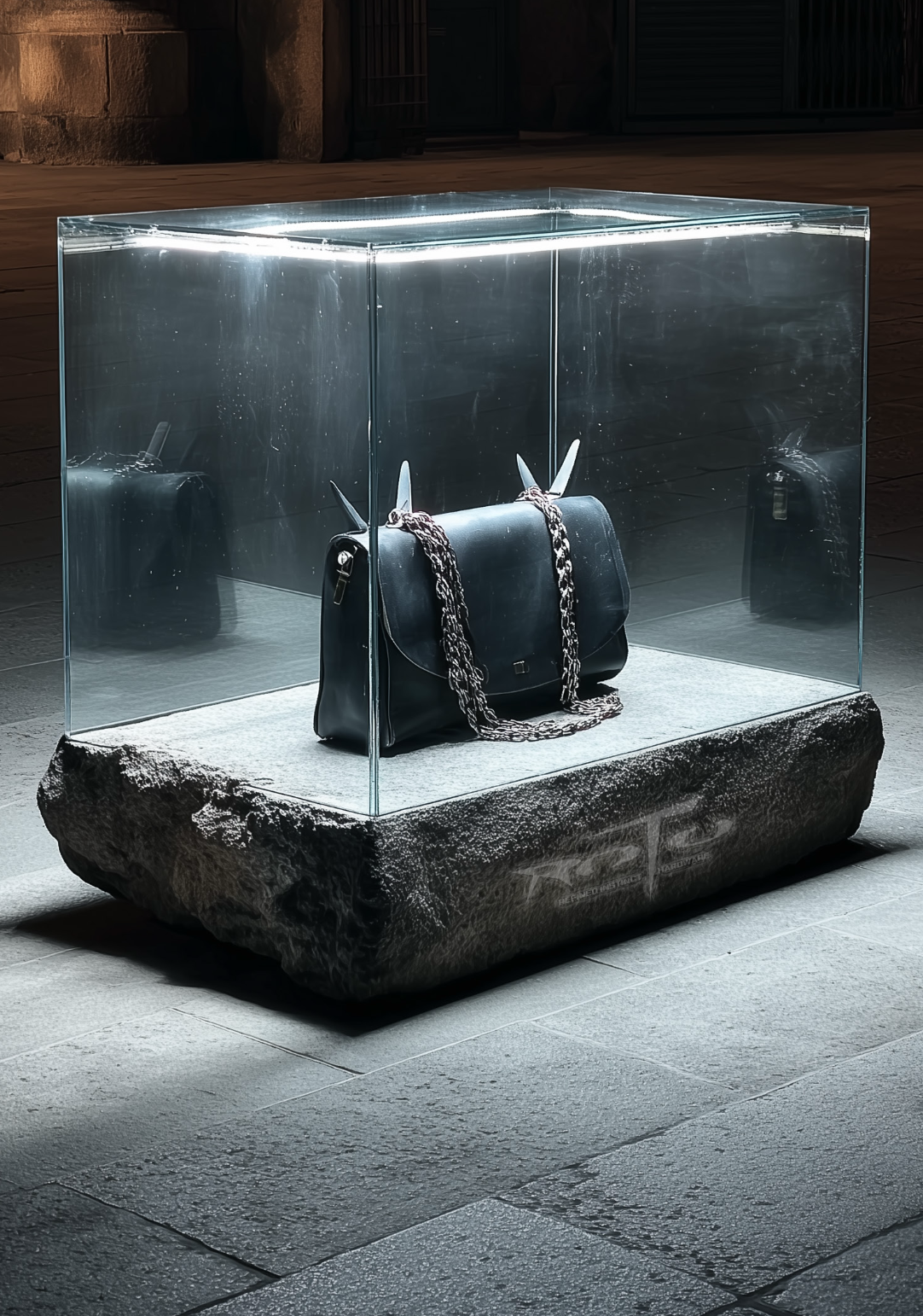 Bag in a glass case on a stone plinth