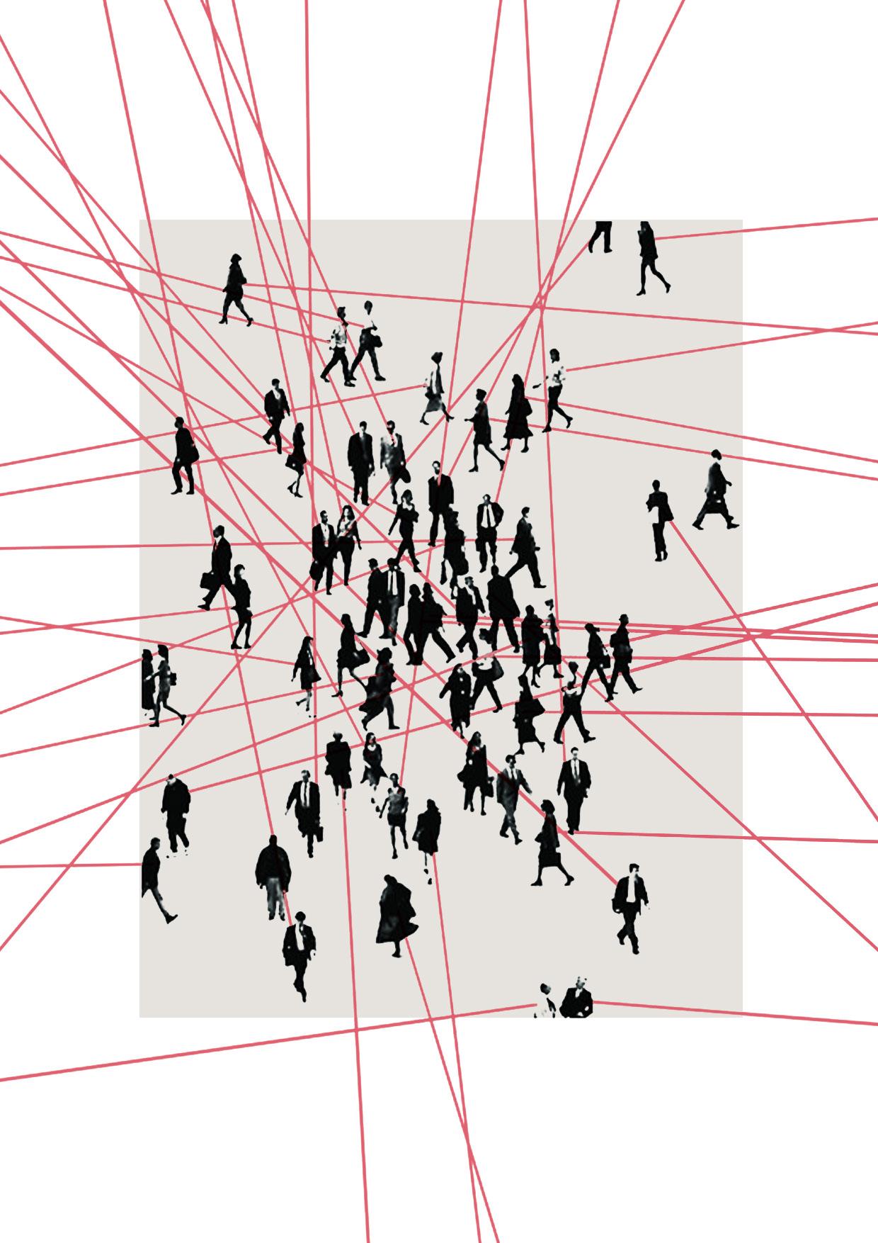 A crowd of isolated people crossed by red lines